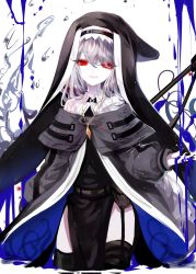 Rule 34 | 1girl, :d, absurdres, arknights, black capelet, black dress, black thighhighs, capelet, cowboy shot, dress, garter straps, grey jacket, habit, hair between eyes, highres, jacket, jewelry, long hair, long sleeves, looking at viewer, nun, open mouth, pelvic curtain, pendant, puffy sleeves, red eyes, sheya, side slit, silver hair, simple background, smile, solo, specter (arknights), standing, thighhighs, thighs, very long hair, white background