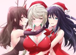 Rule 34 | 10s, 3girls, alternate costume, amagi (kancolle), antlers, aqua eyes, arms around neck, backless outfit, black hair, blush, braid, breasts, brown eyes, brown hair, christmas, cleavage, clothing cutout, dress, embarrassed, from side, girl sandwich, group hug, hair between eyes, hair ornament, hat, highres, horns, hug, huge breasts, kantai collection, katsuragi (kancolle), large breasts, leaf hair ornament, long hair, looking at viewer, looking to the side, multiple girls, navel cutout, nose blush, parted lips, ponytail, reindeer antlers, sandwiched, santa costume, santa hat, shiroshimu, short sleeves, sideboob, silver hair, single braid, sleeveless, sleeveless dress, unryuu (kancolle), very long hair, wavy mouth, yellow eyes