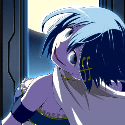 Rule 34 | 10s, 1girl, ace rocket, blue eyes, blue hair, cape, commentary request, creepy, fortissimo, hair ornament, hairclip, head tilt, highres, horror (theme), looking back, magical girl, mahou shoujo madoka magica, mahou shoujo madoka magica: hangyaku no monogatari, matching hair/eyes, miki sayaka, musical note, musical note hair ornament, open mouth, shaft look, short hair, smile, solo, spoilers