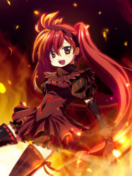 Rule 34 | 1girl, bad id, bad pixiv id, elbow gloves, fire, frills, gloves, hairband, isobe, layla (sound horizon), long hair, orange eyes, red hair, seisen no iberia, skirt, solo, sound horizon, thighhighs, twintails