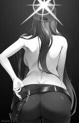 Rule 34 | 1girl, absurdres, artist name, ass, back, backboob, baseball cap, belt, black background, blue archive, breasts, butt crack, cowboy shot, from behind, greyscale, halo, hat, highres, long hair, medium breasts, monochrome, no bra, pants, saori (blue archive), simple background, solo, topless, very long hair, y0ung