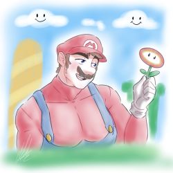 Rule 34 | 1boy, alternate pectoral size, bara, blue eyes, blush, brown hair, cloud, eddlayer, facial hair, flower, holding, holding flower, large pectorals, long sideburns, male focus, mario, mario (series), muscular, muscular male, mustache, nintendo, overalls, pectorals, red headwear, red shirt, shirt, short hair, sideburns, solo, thick eyebrows, upper body