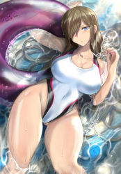 Rule 34 | 1girl, artist name, bad id, bad pixiv id, bare shoulders, blue eyes, breasts, brown hair, cleavage, collarbone, competition swimsuit, covered navel, fingernails, gluteal fold, groin, hair over one eye, highres, innertube, large breasts, long hair, looking at viewer, lying, mi mi ham, on back, one-piece swimsuit, partially submerged, purple innertube, solo, straight hair, swim ring, swimsuit, tales of (series), tales of the abyss, tear grants, thighs, twitter username, very long hair, water, wet, white one-piece swimsuit