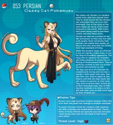 Rule 34 | 1boy, 1girl, animal ears, artist name, black dress, blonde hair, bracelet, breasts, cat ears, cat girl, cat tail, centauroid, chain, character name, character profile, choker, claws, commentary, creatures (company), dress, english commentary, english text, forehead jewel, furry, game freak, gen 1 pokemon, hat, highres, jewelry, kinkymation, large breasts, long hair, nintendo, persian, poke ball, pokemon, pokemon (creature), purple hair, red eyes, tail, taur, very long hair, whiskers