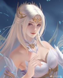 Rule 34 | 1girl, armor, armored dress, bare shoulders, blonde hair, douluo dalu, dress, hair ornament, highres, long hair, looking at viewer, qian renxue (douluo dalu), qian renxue zhuye, smile, weibo logo, weibo watermark, white dress