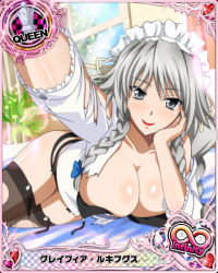 Rule 34 | 10s, 1girl, braid, breasts, card (medium), character name, chess piece, cleavage, garter straps, grayfia lucifuge, grey eyes, high school dxd, high school dxd infinity, large breasts, lipstick, long hair, lying, maid headdress, makeup, mature female, official art, queen (chess), red lips, silver hair, solo, thighhighs, torn clothes, trading card, twin braids