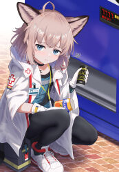 Rule 34 | 1girl, ahoge, animal ears, arknights, bag, black choker, black pantyhose, blue eyes, blue shirt, bracelet, brown hair, can, canned coffee, choker, closed mouth, drink can, extra ears, fox ears, fox girl, gloves, highres, holding, holding can, infection monitor (arknights), jacket, jewelry, looking at viewer, material growth, oripathy lesion (arknights), outdoors, pantyhose, shironekoban, shirt, short hair, shoulder bag, solo, squatting, sussurro (arknights), twitter username, watermark, white gloves, white jacket