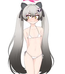 Rule 34 | 1girl, @ @, animal ears, arms behind back, bare shoulders, bikini, blue archive, blush, breasts, closed mouth, collarbone, cowboy shot, gradient hair, grey hair, halo, highres, kutsusama, long hair, looking to the side, michiru (blue archive), micro bikini, multicolored hair, navel, side-tie bikini bottom, small breasts, solo, string bikini, swimsuit, thick eyebrows, twintails, wavy mouth, white bikini, yellow eyes