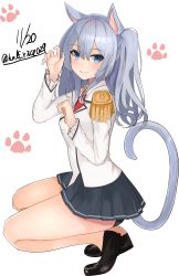 Rule 34 | 1girl, animal ears, bad id, bad pixiv id, black footwear, blue eyes, blush, breasts, cat ears, cat tail, dated, epaulettes, full body, hair between eyes, highres, kantai collection, kashima (kancolle), long hair, long sleeves, medium breasts, military, military uniform, paw pose, paw print, red neckwear, shiina aoi, silver hair, simple background, skirt, smile, solo, squatting, tail, twintails, uniform, wavy hair, white background