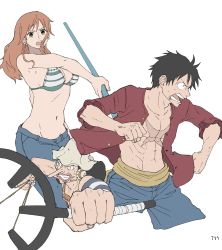 Rule 34 | aiming, bikini, bikini top only, black hair, clenched hands, fighting stance, hat, highres, long hair, monkey d. luffy, nami (one piece), one piece, open clothes, open mouth, open shirt, orange hair, pants, scar, scar on chest, slingshot (weapon), slingshot swimsuit, staff, swimsuit, ufkqz, usopp