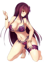 Rule 34 | 1girl, barefoot, bikini, blush, breasts, cleavage, euforia, fate/grand order, fate (series), flower, full body, hair flower, hair ornament, huge breasts, kneeling, long hair, looking at viewer, navel, open mouth, purple hair, red eyes, scathach (fate), scathach (fate), scathach (swimsuit assassin) (fate), simple background, solo, swimsuit, underboob, white background