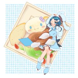 Rule 34 | 1girl, arm up, blue background, blue dress, blue eyes, blue footwear, blue hair, border, bread, character food, cinnamoroll, commentary request, dress, food, full body, fur hat, hand up, hat, highres, ice skates, looking at viewer, looking to the side, lying, mea (meari mr), official alternate costume, on back, one eye closed, open mouth, plate, pretty rhythm, pretty rhythm rainbow live, pretty series, rinne (pretty rhythm), shoes, short hair, skates, solo, unworn hat, unworn headwear, white border