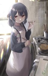 Rule 34 | 1girl, black hair, black jacket, closed mouth, collared dress, cooking, cutting board, day, dress, highres, holding, idolmaster, idolmaster shiny colors, indoors, jacket, ladle, long sleeves, looking at viewer, morino rinze, open clothes, open jacket, red eyes, shiwa (siwaa0419), smile, solo, standing, stove, sunlight, white dress, window