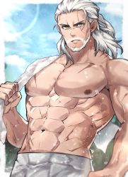 Rule 34 | 1boy, bara, bare pectorals, facial hair, geralt of rivia, highres, large pectorals, looking at viewer, male focus, mature male, muscular, muscular male, no shirt, pectorals, solo, the witcher (series), the witcher 1, the witcher 2, the witcher 3, topless male, yani (yano 023)