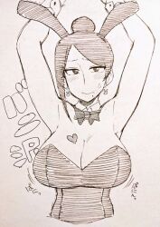 Rule 34 | 1girl, animal ears, armpits, arms up, asymmetrical bangs, bijin onna joushi takizawa-san, black eyes, black hair, black leotard, blush, bouncing breasts, bow, bowtie, breasts, cleavage, cuff links, curvy, detached collar, earrings, eyebrows, fake animal ears, female focus, hair bun, hands up, heart, hourglass, japanese text, jewelry, jiggle, large breasts, leotard, long bangs, looking at viewer, mole, mole under mouth, monochrome, parted bangs, pen (medium), playboy bunny, rabbit earrings, rabbit ears, solo, solo focus, sound effects, takizawa kyouko, tilted head, traditional media, wavy mouth, white background, wrist cuffs, yan-baru