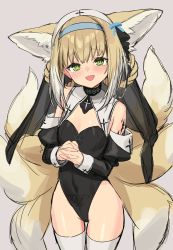 Rule 34 | 1girl, animal ears, arknights, bare shoulders, black leotard, blue hairband, blush, braid, covered navel, cowboy shot, detached sleeves, fox ears, fox girl, fox tail, green eyes, habit, hairband, highres, infection monitor (arknights), interlocked fingers, leotard, light brown hair, long sleeves, looking at viewer, material growth, multiple tails, open mouth, oripathy lesion (arknights), own hands together, sigm@, simple background, smile, solo, suzuran (arknights), tail, thighhighs