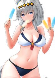 Rule 34 | 1girl, absurdres, ahoge, animal ears, bikini, blue eyes, breasts, cleavage, commentary request, food, grey hair, highres, horse ears, horse girl, horse tail, large breasts, long hair, looking at viewer, mismatched bikini, mouth hold, navel, oguri cap (umamusume), oryou gunsou, popsicle, solo, swimsuit, tail, umamusume