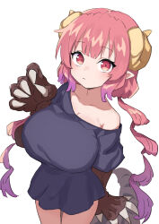 Rule 34 | 1girl, :&lt;, absurdres, arm behind back, black shirt, breasts, cleavage, collarbone, commentary, dragon claw, dragon girl, dragon horns, dragon tail, gazacy (dai), gradient hair, hand up, highres, horns, huge breasts, ilulu (maidragon), kobayashi-san chi no maidragon, large breasts, long hair, looking at viewer, multicolored hair, pink hair, pointy ears, red eyes, red hair, shirt, shortstack, simple background, slit pupils, solo, tail, twintails, white background, yellow horns