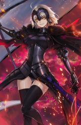 Rule 34 | 1girl, ahoge, armor, armored dress, black thighhighs, blonde hair, boots, breasts, cropped, elbow gloves, fate/grand order, fate (series), fire, flag, gloves, gluteal fold, hair between eyes, highres, holding, holding flag, jeanne d&#039;arc (fate), jeanne d&#039;arc alter (avenger) (fate), jeanne d&#039;arc alter (avenger) (first ascension) (fate), jeanne d&#039;arc alter (fate), long hair, long sleeves, looking at viewer, mhg (hellma), short hair, smile, solo, thighhighs, yellow eyes, zettai ryouiki