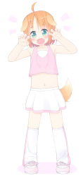 Rule 34 | 1girl, :d, ahoge, animal ears, bare arms, bare shoulders, blush, brown hair, cheerleader, commentary request, crop top, dog ears, dog girl, dog tail, fang, full body, green eyes, hair between eyes, inuarashi, kneehighs, loose socks, meiko (inuarashi), navel, notice lines, open mouth, original, pink footwear, pink tank top, pleated skirt, shoes, skirt, smile, socks, solo, standing, tail, tank top, white background, white skirt, white socks