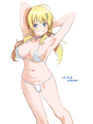 Rule 34 | 1girl, ahoge, armpits, arms behind head, artist name, baba arumi, bikini, blonde hair, blue eyes, breasts, clenched teeth, collarbone, commentary request, dated, grey choker, hachimiya meguru, hair ornament, hairclip, highres, idolmaster, idolmaster shiny colors, large breasts, long hair, looking at viewer, low twintails, navel, simple background, smile, solo, standing, swimsuit, teeth, twintails, white background, white bikini