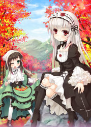 Rule 34 | 2girls, ;d, asa (swallowtail), autumn leaves, black dress, black footwear, black hairband, blue sky, blush, boots, brown footwear, brown hair, c:, closed mouth, cloud, commentary request, cross-laced footwear, day, doll joints, dress, flower, frilled boots, frilled hairband, frilled shirt collar, frills, gothic lolita, green dress, green eyes, hair between eyes, hairband, head scarf, head tilt, high heel boots, high heels, highres, joints, juliet sleeves, knee boots, lace-up boots, leaf, lolita fashion, long hair, long sleeves, looking at viewer, maple leaf, mountain, multiple girls, one eye closed, open mouth, outdoors, pantyhose, puffy sleeves, red flower, red rose, rock, rose, rozen maiden, silver hair, sitting, skirt basket, sky, smile, suigintou, suiseiseki, tree, very long hair, white legwear, wide sleeves