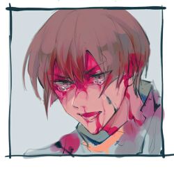 Rule 34 | 1boy, bleeding, bleeding from forehead, blood, blood from mouth, blood on clothes, blood on face, brown eyes, brown hair, commentary request, crying, crying with eyes open, jabuchi you, male focus, nosebleed, open mouth, portrait, saibou shinkyoku, shirt, short hair, sketch, solo, susten, tears, white shirt