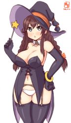 Rule 34 | 1girl, alternate costume, artist logo, black gloves, black hat, black thighhighs, braid, breasts, brown hair, cleavage, collarbone, commentary request, costume, cowboy shot, dated, detached collar, elbow gloves, female focus, garter belt, garter straps, gloves, green eyes, halloween, halloween costume, hat, highres, holding, holding wand, kanon (kurogane knights), kantai collection, large breasts, looking at viewer, navel, noshiro (kancolle), panties, revision, simple background, solo, standing, star (symbol), swept bangs, thighhighs, twin braids, underwear, wand, white background, white panties, witch hat
