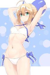 Rule 34 | 1girl, ahoge, aqua eyes, armpits, arms behind head, arms up, artoria pendragon (all), artoria pendragon (fate), artoria pendragon (swimsuit archer) (fate), artoria pendragon (swimsuit archer) (first ascension) (fate), bikini, blonde hair, breasts, cleavage, cowboy shot, fate/grand order, fate (series), hair between eyes, halterneck, highres, navel, outline, parted lips, saber (fate), shunichi, small breasts, solo, standing, stomach, swimsuit, thighs, white bikini, white outline