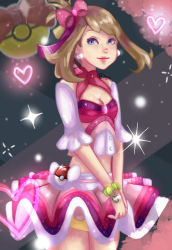Rule 34 | 1girl, bracelet, breasts, brown hair, buttons, cleavage, closed mouth, commentary, cowboy shot, creatures (company), earrings, english commentary, eyelashes, game freak, grey eyes, hair ribbon, heart, highres, jewelry, may (pokemon), medium hair, nanumn, nintendo, own hands together, pink ribbon, poke ball, poke ball (basic), pokemon, pokemon oras, ribbon, signature, skirt, smile, solo, sparkle
