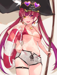 Rule 34 | bikini, bikini top only, black hat, black ribbon, breasts, bridal garter, commentary request, earrings, flag, hair ribbon, hat, heart, heart-shaped eyewear, heart earrings, heart necklace, heterochromia, highres, holding, holding flag, hololive, houshou marine, houshou marine (summer), jewelry, large breasts, long hair, looking at viewer, navel, necklace, o-ring, o-ring thigh strap, open mouth, red bikini, red eyes, ribbon, shorts, smile, solo, swimsuit, thigh strap, thighs, very long hair, virtual youtuber, waterring, white shorts, yellow eyes