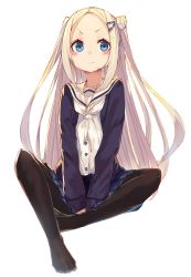 Rule 34 | 1girl, absurdres, black cardigan, black pantyhose, blonde hair, blue eyes, blue skirt, blush, cardigan, closed mouth, commentary request, double bun, dress shirt, forehead, full body, hair bun, hair ornament, hairclip, hana n. fountainstand, hanayamata, highres, long hair, long sleeves, looking at viewer, neckerchief, no shoes, open cardigan, open clothes, pantyhose, parted bangs, pleated skirt, sailor collar, shirt, simple background, sitting, skirt, sleeves past wrists, solo, tota (sizukurubiks), two side up, v-shaped eyebrows, very long hair, white background, white neckerchief, white sailor collar, white shirt