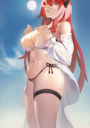 Rule 34 | 1girl, absurdres, arknights, bikini, black choker, blue sky, breasts, choker, cloud, day, demon horns, detached sleeves, from side, hands up, highres, horns, large breasts, lens flare, long hair, mismatched bikini, navel, outdoors, parted lips, red eyes, red hair, renleiwanyier, side-tie bikini bottom, sky, slit pupils, solo, stomach, sunlight, surtr (arknights), surtr (colorful wonderland) (arknights), swimsuit, thigh strap, thighs, very long hair, wet, white bikini