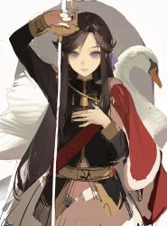 Rule 34 | 1girl, aiguillette, belt, bird, black hair, bow, chongzhen 085, epaulettes, fur-trimmed jacket, fur trim, grey skirt, hair bow, hair ornament, hand on own chest, highres, holding, holding sword, holding weapon, jacket, jacket on shoulders, long sleeves, looking at viewer, military jacket, ornate clothes, parted bangs, purple eyes, rapier, red sash, sash, shoujo kageki revue starlight, skirt, solo, swan, sword, tendou maya, waist cape, weapon, x hair ornament, yellow belt