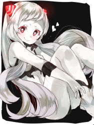 Rule 34 | 10s, 1girl, abyssal ship, airfield princess, ankle boots, armlet, bad id, bad pixiv id, black background, blush, boots, colored skin, glowing, heart, heart-shaped pupils, highres, horns, kantai collection, long hair, looking at viewer, murakami meishi, red eyes, simple background, solo, symbol-shaped pupils, wavy mouth, white footwear, white hair, white skin