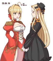 Rule 34 | 2girls, abigail williams (fate), ahoge, bad id, bad twitter id, black bow, black dress, black hat, blonde hair, blue eyes, blush, bow, braid, bug, butterfly, closed mouth, commentary, dated, dress, eye contact, fate/grand order, fate (series), hair bow, hair bun, hair intakes, hand on own hip, hat, height conscious, insect, juliet sleeves, long hair, long sleeves, looking at another, michihasu, multiple girls, nero claudius (fate), nero claudius (fate) (all), nero claudius (fate/extra), open mouth, orange bow, parted bangs, polka dot, polka dot bow, puffy sleeves, red dress, see-through, simple background, single hair bun, sleeves past fingers, sleeves past wrists, smile, sweat, very long hair, white background