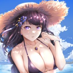 Rule 34 | 1girl, arm up, artist name, bead bracelet, beads, bikini, blue sky, bracelet, braid, breasts, bright pupils, cleavage, cloud, collarbone, commentary, dappled sunlight, day, earrings, english commentary, fingernails, flower, genshin impact, hair flower, hair ornament, hat, highres, jewelry, large breasts, long hair, looking at viewer, low-braided long hair, low-tied long hair, mole, mole under eye, nail polish, necklace, outdoors, parted lips, pendant, purple bikini, purple eyes, purple flower, purple hair, purple nails, raiden shogun, signature, sky, solo, straw hat, stud earrings, sun hat, sunlight, swimsuit, tepanyakin, twirling hair, upper body, water