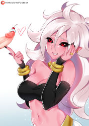 Rule 34 | 1girl, android 21, black nails, black sclera, bracelet, breasts, cherry, colored sclera, colored skin, dragon ball, dragon ball fighterz, erection, food, food on body, fruit, heart, jewelry, light purple hair, majin android 21, nail polish, navel, penis, pink skin, red eyes, ring, smile, solo focus, stomach, tofuubear, uncensored, upper body, whipped cream