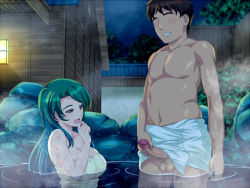 Rule 34 | 1boy, 1girl, blush, breasts, censored, cleavage, green hair, hand to own mouth, large breasts, long hair, masturbation, open mouth, penis, potato house, red eyes, smile, testicles, towel, water, zantei