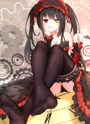 Rule 34 | 10s, 1girl, :q, bare shoulders, black hair, black thighhighs, blush, breasts, cleavage, clock eyes, date a live, feet, foot focus, garter straps, gears, hairband, heterochromia, highres, lace, lace-trimmed legwear, lace-trimmed panties, lace trim, lolita fashion, lolita hairband, long hair, looking at viewer, no shoes, panties, pantyshot, red eyes, sitting, smile, soles, solo, symbol-shaped pupils, thighhighs, toes, tokisaki kurumi, tongue, tongue out, twintails, underwear, uneven twintails, xiao ren, yellow eyes