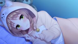 Rule 34 | 1girl, bed, bed sheet, blush, brown hair, closed mouth, female focus, game cg, go-1, green eyes, harukaze nanoka, highres, homemaid sweet pea, hood, hooded jacket, hoodie, indoors, jacket, light blush, long hair, looking at viewer, lying, night, on bed, on side, original, pillow, solo, under covers
