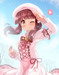 Rule 34 | 1girl, argyle, badge, bare tree, beret, blunt bangs, blush, bow, brown bow, c:, closed mouth, collarbone, cross-laced clothes, day, frilled shirt, frilled skirt, frilled sleeves, frills, fur collar, hair ornament, hand on own head, hat, heart, highres, idolmaster, idolmaster cinderella girls, idolmaster cinderella girls starlight stage, kibihimi, layered clothes, light rays, long skirt, long sleeves, looking at viewer, medium hair, ogata chieri, one eye closed, outdoors, pink bow, pink skirt, pom pom (clothes), puffy short sleeves, puffy sleeves, red hair, shirt, short sleeves, skirt, skirt set, smile, snow, snowing, solo, speech bubble, spoken heart, sunbeam, sunlight, tareme, tree, twintails, upper body, white hat, winter clothes, yellow eyes