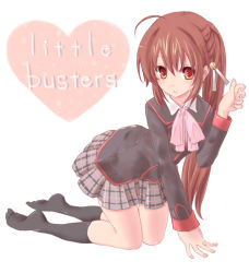 Rule 34 | 1girl, all fours, bad id, bad pixiv id, bow, brown eyes, brown hair, little busters!, long hair, natsume rin, pink bow, ponytail, school uniform, season12, socks, solo