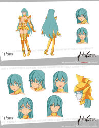 Rule 34 | 1girl, aqua eyes, armor, back, bikini armor, blue eyes, blue hair, blush, boots, breasts, character name, cleavage, fingerless gloves, gloves, gold armor, helm, helmet, highres, long hair, looking at viewer, mask, open mouth, pisces venus, saint seiya, smile, solo, standing, teeth, thigh boots, thighhighs, thighs, tongue, very long hair, white background