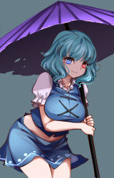 Rule 34 | 1girl, aqua hair, blue background, blue eyes, breasts, commentary request, cowboy shot, frilled shirt collar, frills, heterochromia, highres, large breasts, leaning forward, looking at viewer, miniskirt, puffy short sleeves, puffy sleeves, purple umbrella, raptor7, red eyes, short sleeves, simple background, skirt, smile, solo, tatara kogasa, touhou, umbrella