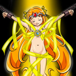 Rule 34 | 10s, 1girl, bdsm, black background, bondage, bound, brooch, chain, circlet, closed eyes, cure muse, cure muse (yellow), gradient background, heart, jewelry, kogane (staygold), long hair, magical girl, naked ribbon, navel, orange hair, precure, ribbon, shirabe ako, solo, suite precure, unconscious, very long hair, yellow background