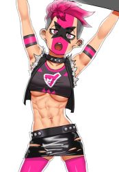Rule 34 | 1girl, abs, arms up, black collar, black skirt, breasts, cessa, collar, creatures (company), crop top, ear piercing, earrings, facepaint, game freak, jewelry, muscular, muscular female, navel, nintendo, npc trainer, open mouth, piercing, pink eyes, pink hair, pink thighhighs, pokemon, pokemon swsh, short hair, simple background, skirt, solo, team yell, team yell grunt, thighhighs, torn clothes, torn skirt, underboob, undercut, vest, white background
