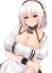 Rule 34 | 1girl, anchor choker, azur lane, black dress, blush, breasts, cleavage, closed mouth, collarbone, dress, eyelashes, hair between eyes, hair intakes, hairband, hand on own arm, kanzaki kureha, lace-trimmed hairband, lace trim, large breasts, lips, looking at viewer, puffy short sleeves, puffy sleeves, red eyes, short hair, short sleeves, simple background, sirius (azur lane), smile, solo, two-tone dress, upper body, white background, white dress, white hair