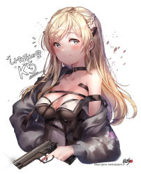Rule 34 | 1girl, artist name, bad proportions, blush, braid, breasts, cleavage, closed mouth, coat, collarbone, cropped torso, artistic error, floral print, girls&#039; frontline, grey eyes, gun, hair ornament, hand on own hip, handgun, heart, highres, holding, holding gun, holding weapon, k5 (girls&#039; frontline), korean text, kyjsogom, large breasts, long hair, looking at viewer, open clothes, open coat, pistol, signature, smile, solo, swept bangs, trigger discipline, upper body, watermark, weapon, web address