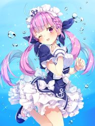 Rule 34 | 1girl, ahoge, anchor symbol, blue background, blue footwear, blue hair, blush, bow, colored inner hair, commentary, cowboy shot, hair ribbon, heart, highres, hololive, long hair, looking at viewer, maid, maid headdress, minato aqua, minato aqua (1st costume), moeki yuuta, multicolored hair, one eye closed, puffy short sleeves, puffy sleeves, purple eyes, purple hair, ribbon, short sleeves, smile, solo, standing, standing on one leg, thighs, tongue, tongue out, twintails, two-tone hair, virtual youtuber, water, water drop, white bow, wrist cuffs